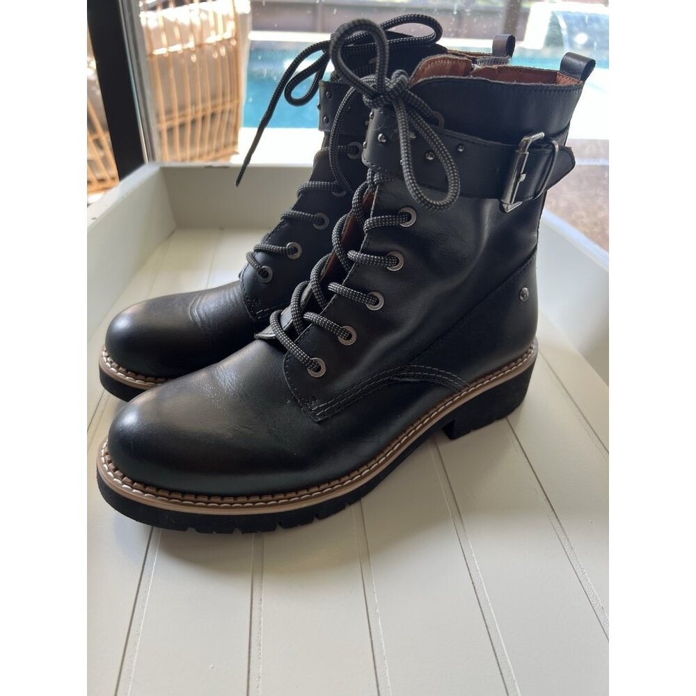Pikolinos Black Leather Combat Boots Womens US 6 EU 37 Lace Up Side Zip